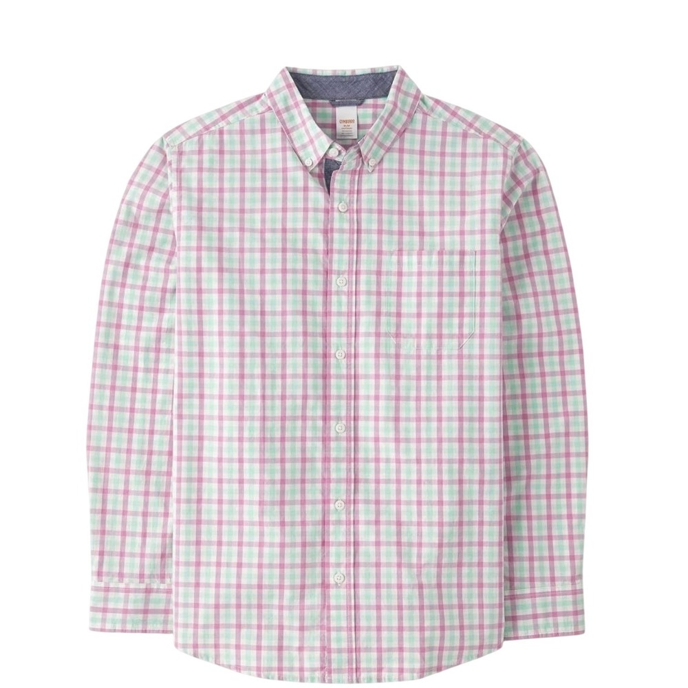 Gymboree Button Down Shirt Men Small Pink Green Gingham Plaid Long Sleeve Pocket